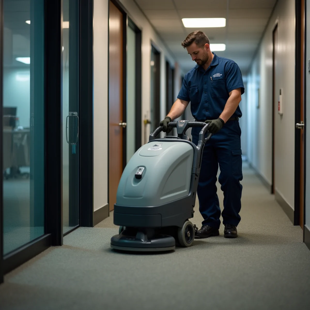 Technician operating commercial ride-on extractor in office suite after hours in Naples