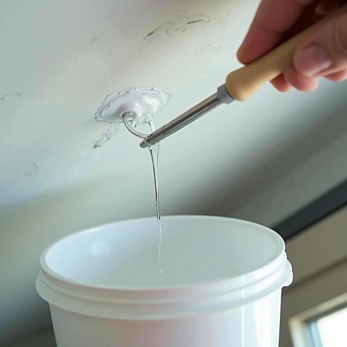 Controlled puncture of ceiling paint water bubble into bucket beneath condo leak