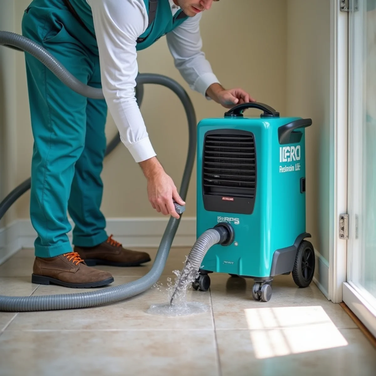 High-capacity desiccant dehumidifier extracting moisture from tile grout lines