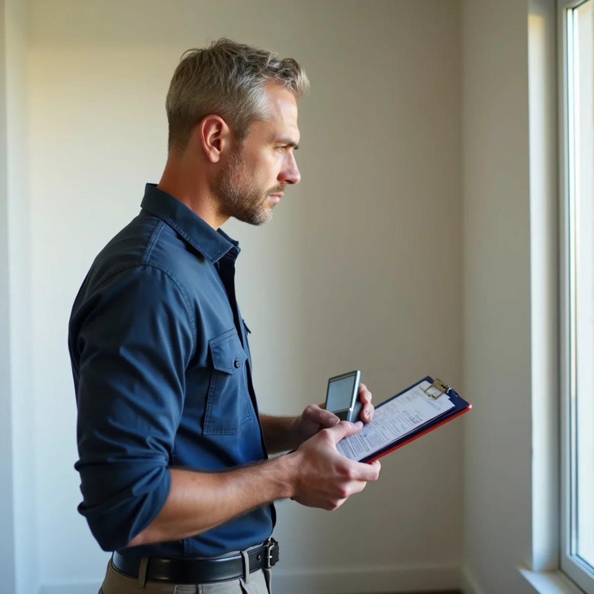 Insurance adjuster inspecting moisture levels with digital gauge and documentation file