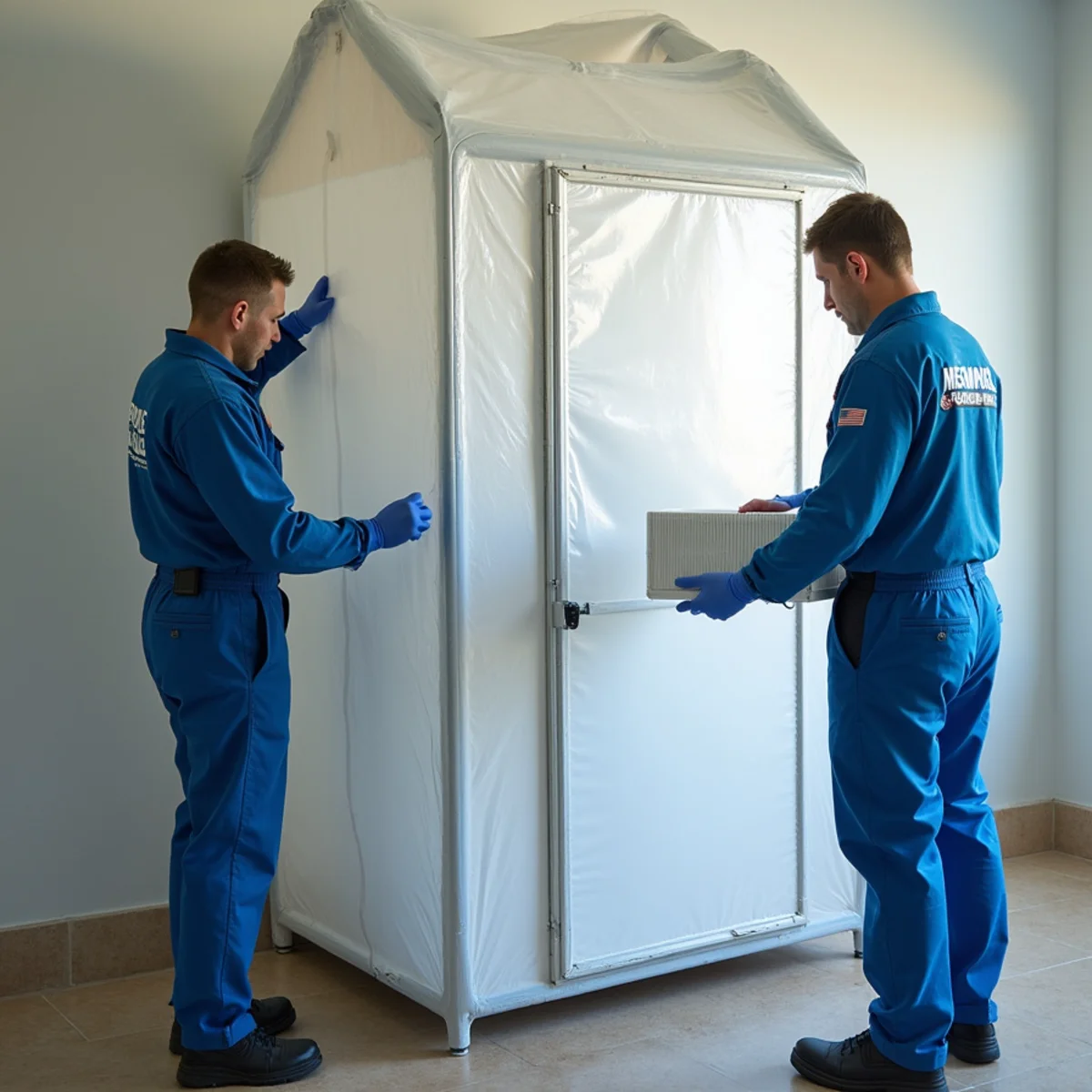 Plastic containment zipper chamber with HEPA negative air scrubber running