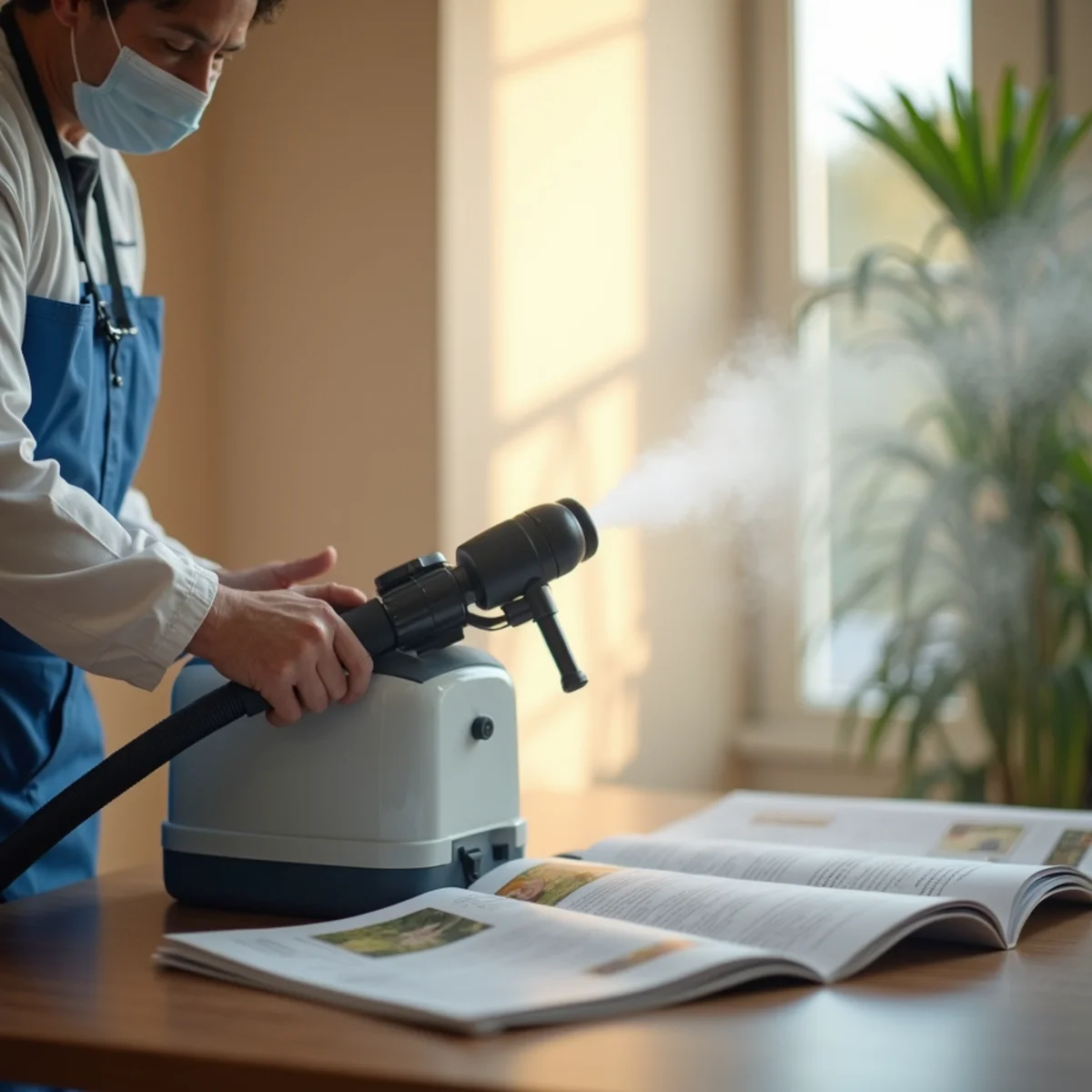 Applying hospital-grade disinfectant to subflooring following sewage extraction