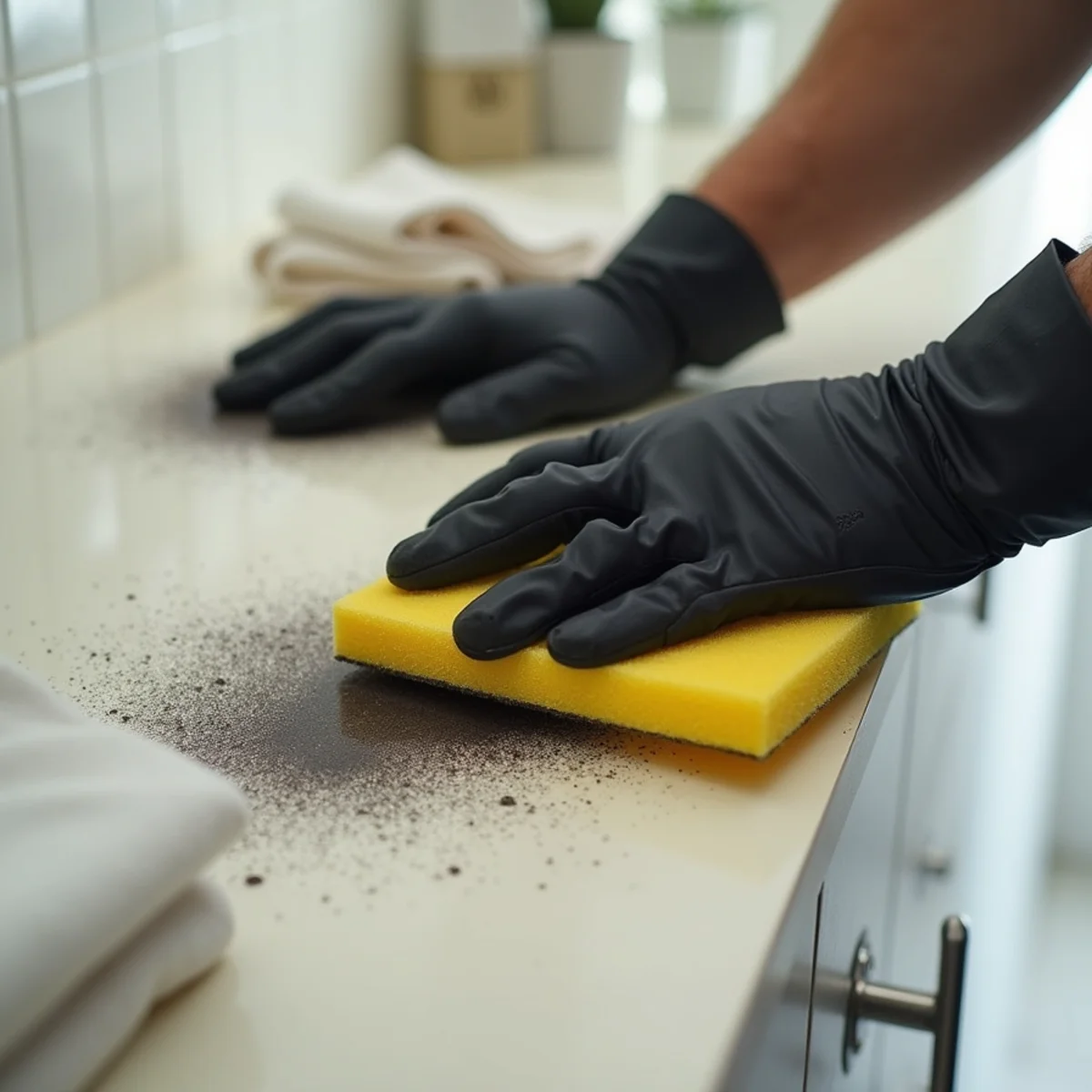 Technician lifting dry acidic soot from ceiling drywall with vulcanized rubber sponge in Naples