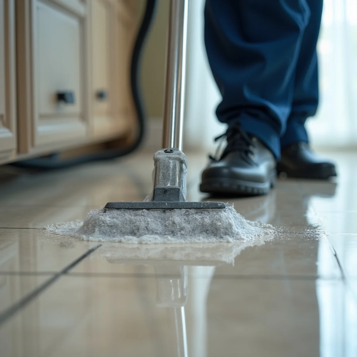 Restoration technician operating commercial extraction wand on flooded tile floor in Naples FL