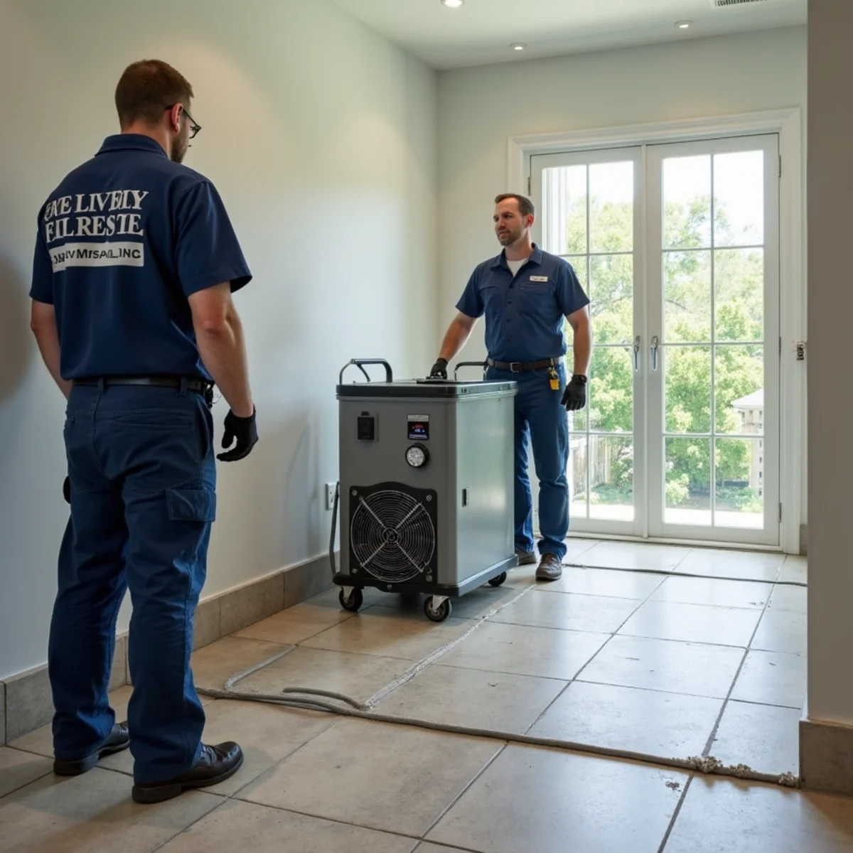 Commercial LGR dehumidifier and centrifugal air movers drying concrete slab foundation in Naples